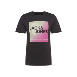 JACK & JONES Tričko 'Coraz'  černá / pink / rákos / bílá